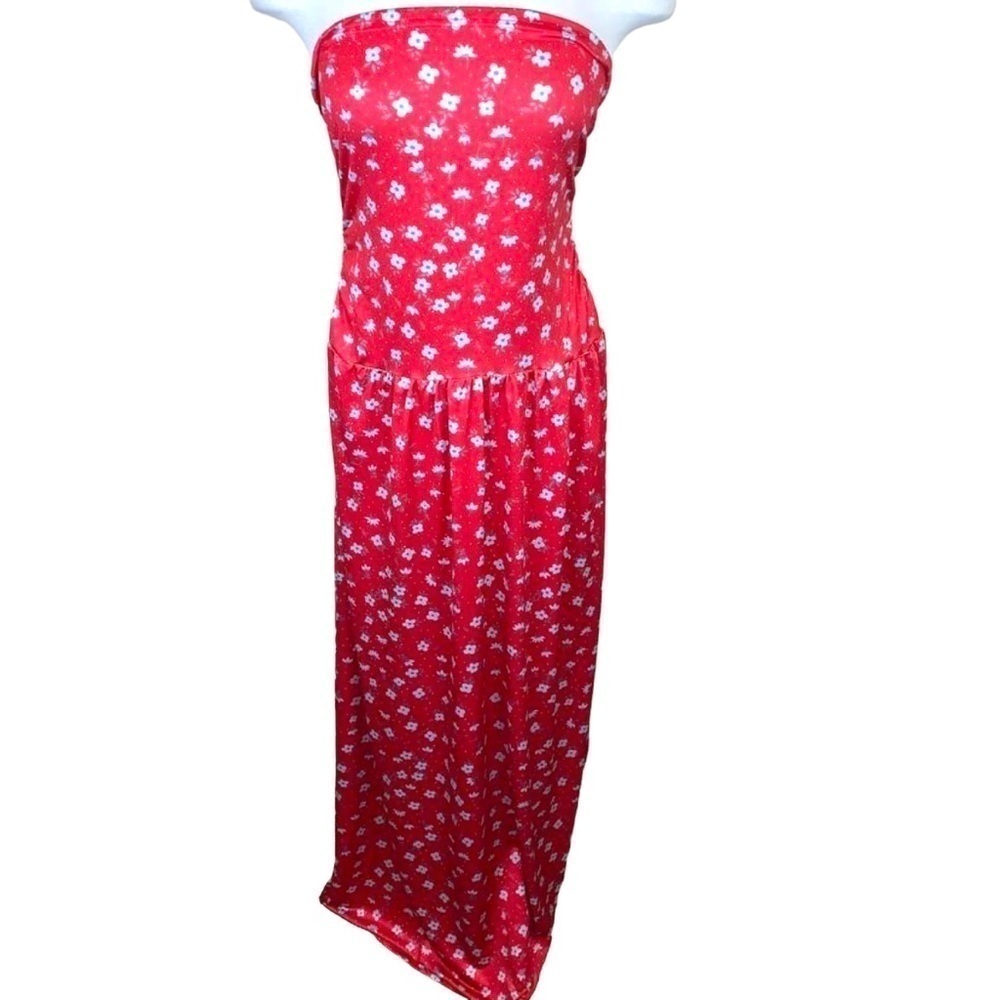 M Misslook Red Floral Print Strapless Maxi Dress Stretch Sleeveless Medium
